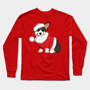 Cute Tricolor Corgi in Santa Christmas Costume Long Sleeve T-Shirt